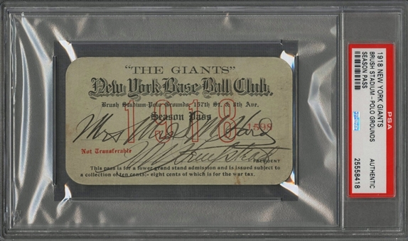 1918 New York Giants Baseball Club Season Pass (PSA/DNA)